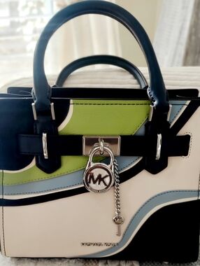 Michael Kors Hamilton In  White, Navy , Light Blue & Lime Green Leather Satchel